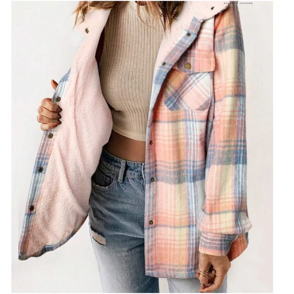 Cozy Plaid Print Teddy Lined Button Jacket Shacket - Picture 2 of 12